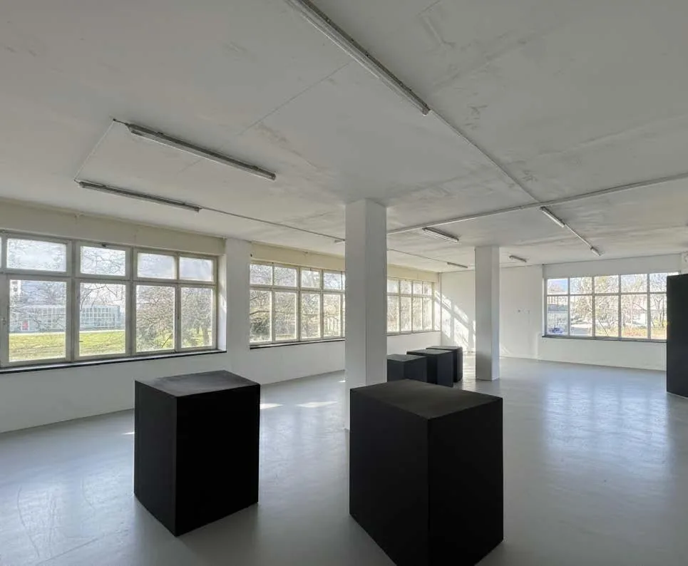 Bright open floor with windows and columns