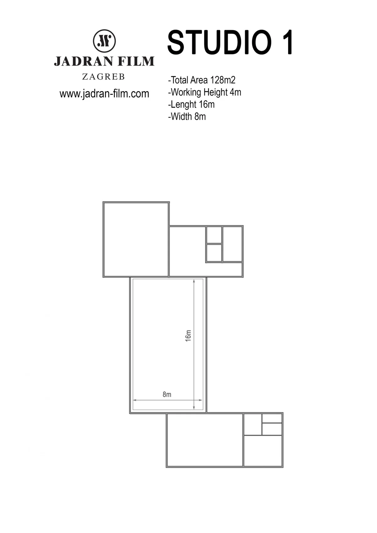 Studio 1 floor plan with 16 meter by 8 meter dimensions