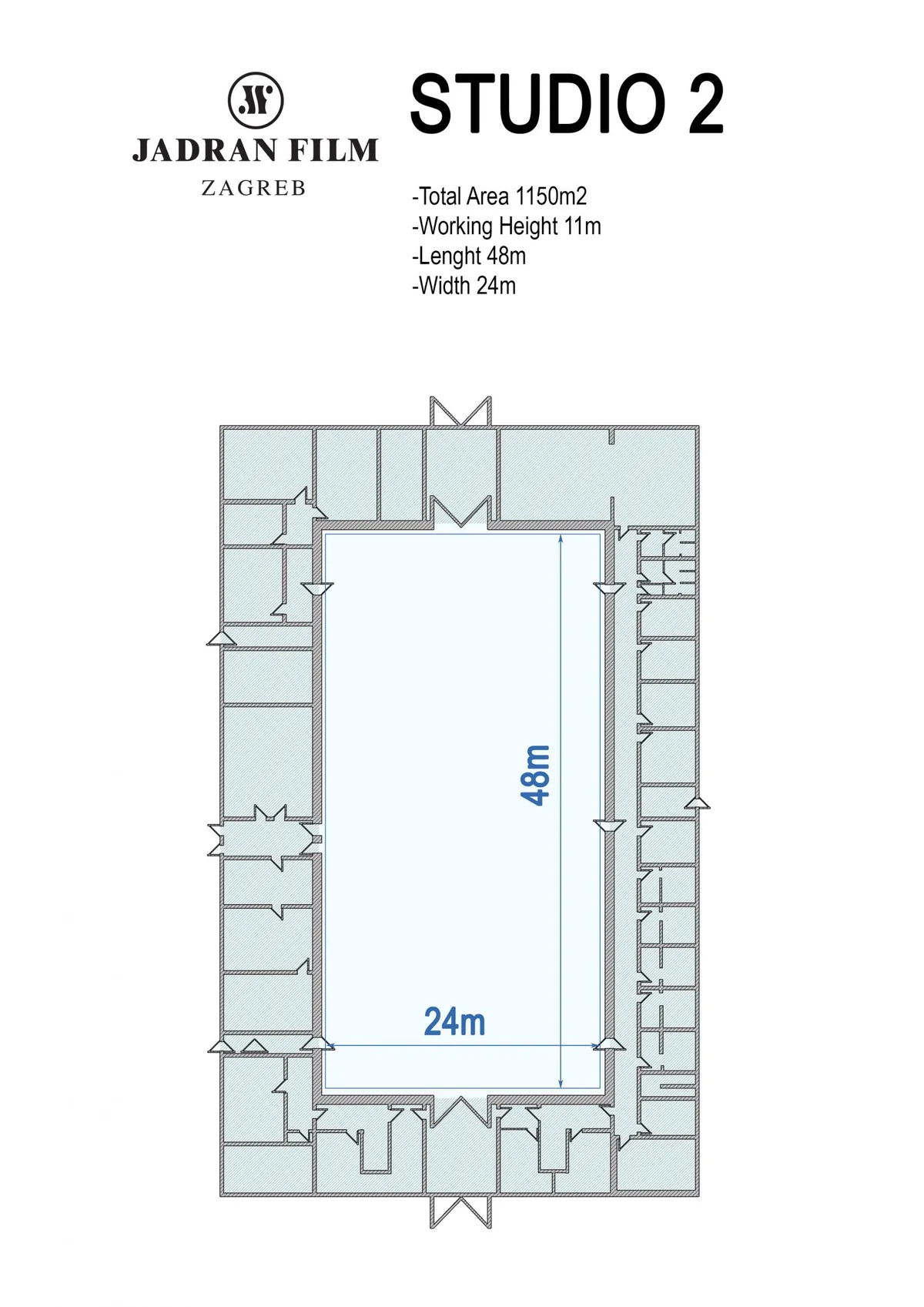 Studio 2 floor plan with 48 meter by 24 meter dimensions