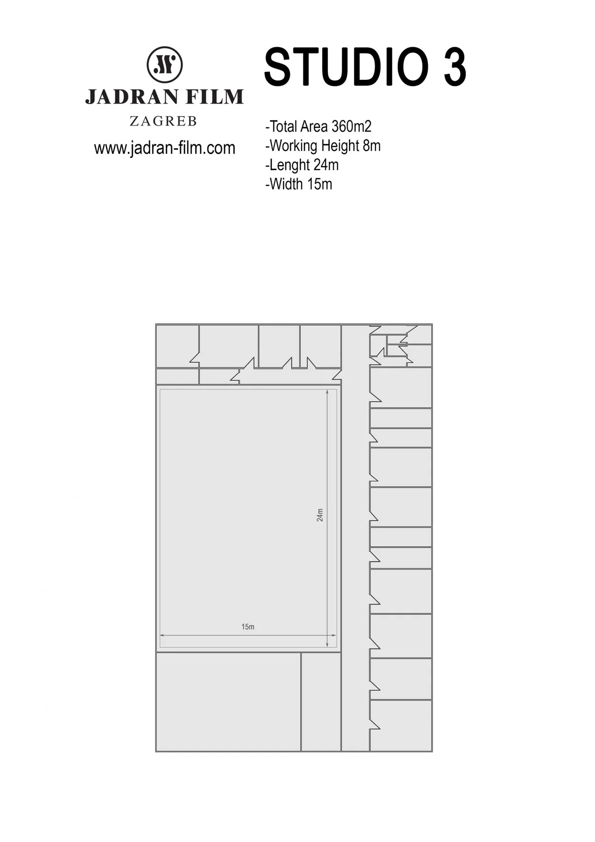 Studio 3 floor plan with 24 meter by 15 meter dimensions