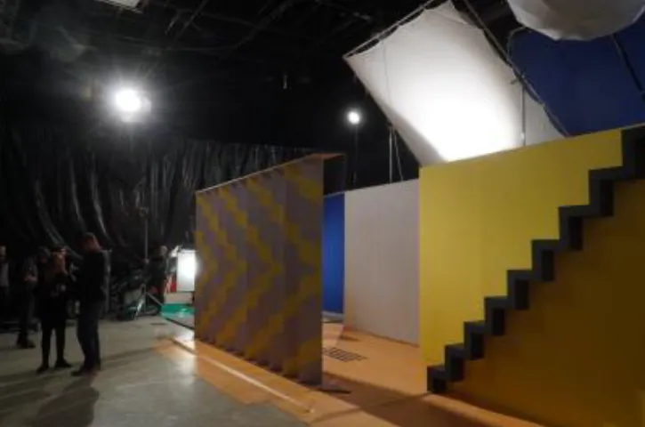Studio 6-7 colorful scenic set under studio lights